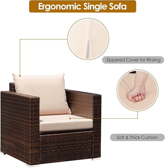 RELAX4LIFE 3-Piece Wicker Bistro Set - Outdoor Patio Rattan Sofa Set w/Washable Cushions & Tempered Glass Coffee Table, Conversation Furniture Set for Backyard, Porch, Garden & Poolside (Brown)