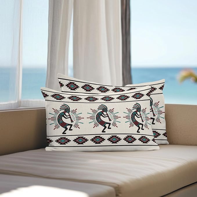 Boho Southwest Waterproof Outdoor Throw Pillow Covers 12''x20'' Pack 2, Aztec Ethnic Native Human Ethnic Plaid Pillow Cases Throw Cushion Cover with Zipper, Washable Pillowcase for Poolside Sofa
