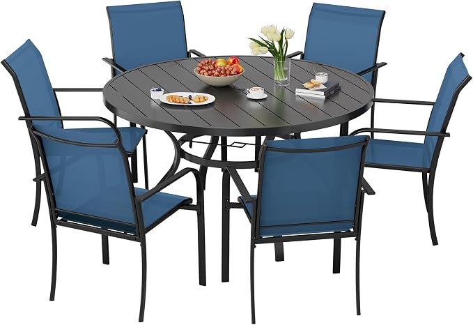 7-Piece Patio Dining Set,6 Person Outdoor Table and Chairs Set, 6 Metal Dining Chairs and Round Outdoor Table with 1.57" Umbrella Hole,Blue