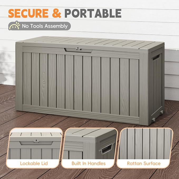 LubanNese Outdoor Storage Box, Waterproof Deck Box, Outdoor Patio Storage Bin, Weatherproof (Grey, 75 Gallon)