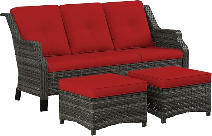 3 Pieces Patio Furniture Set, Outdoor Furniture Set with 1 Wicker Sofa, 2 PE Rattan Ottoman, Thick Cushions, Ideal for Backyard, Garden, Poolside, Red