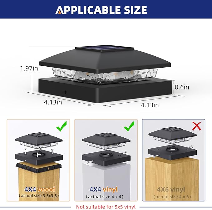 APONUO Solar Post Cap Lights for 4x4 Posts - IP64 Waterproof, 6500K LED, No-Wire Fence Lights & Deck Lights for Patio Garden Yard Patio, Black-Cool White, 16 Pack