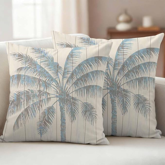 Pack of 2 Blue Beige Palm Tree Outdoor Pillow Covers Decorative, Summer Tropical Botanical Waterproof Pillow Protector, Vintage Throw Pillowcases Accent Cushion Cases for Patio Couch Sofa 20"x20"
