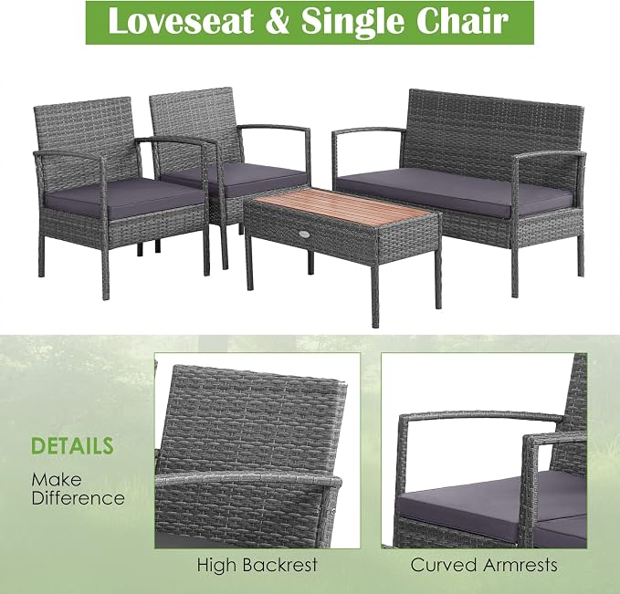 Tangkula 8 Pieces Rattan Patio Conversation Set, Patiojoy Outdoor Wicker Sofa with Seat Cushions, Heavy-Duty Steel Frame, Acacia Wood Tabletop, Outdoor Furniture for Poolside, Deck, Garden