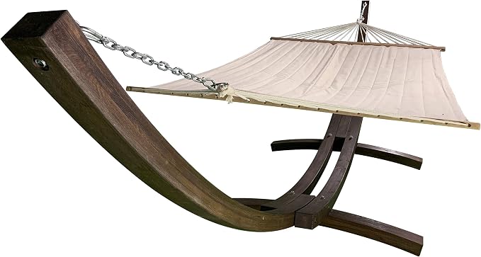 14 Ft. Water Treated Wooden Arc Hammock Stand + Premium Quilted, Double Padded Hammock Bed. 2 Person Bed.450 LB Capacity(Coffee Stain/Beige)
