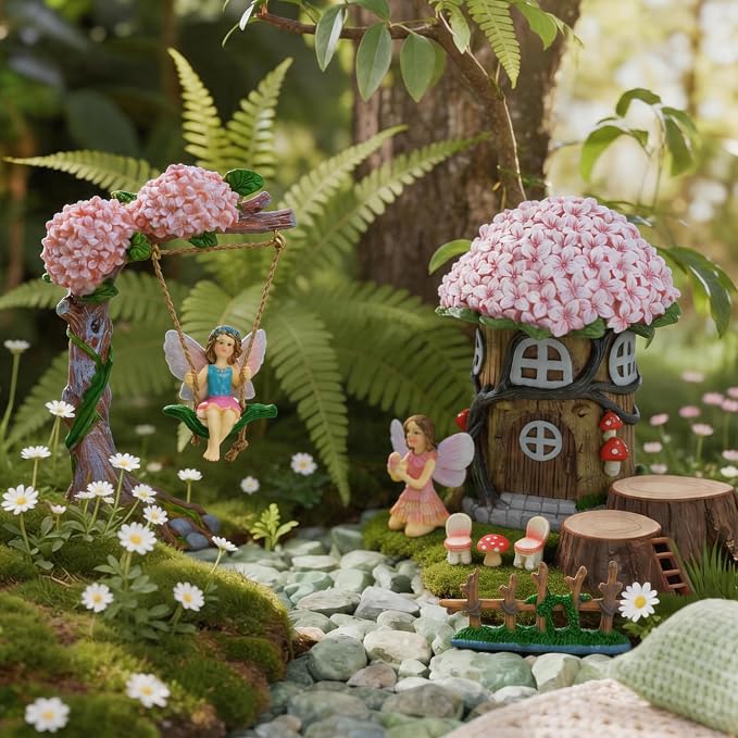 Miniature 8 Pcs Mini Garden Furniture, Fairy Garden Accessories Kit, Resin Figurines with Swing Set, Whimsical Theme, for Outdoor Patio, Yard, Lawn, or Desk