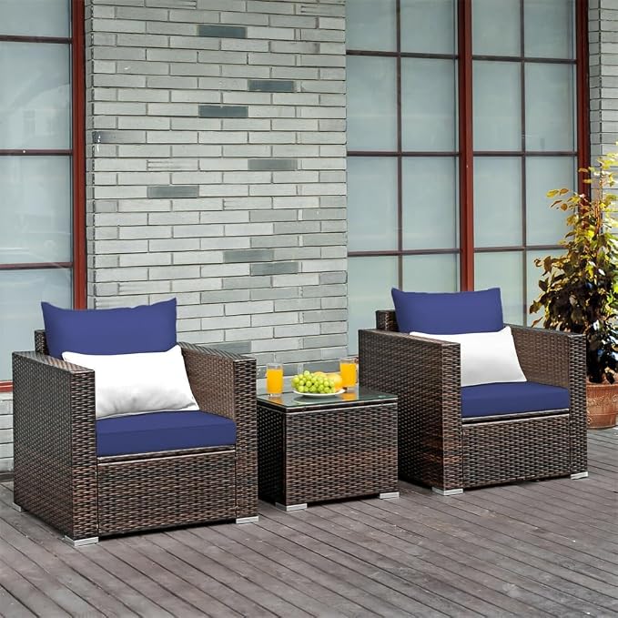 3PCS Patio Rattan Furniture Set Conversation Sofa Cushioned Navy