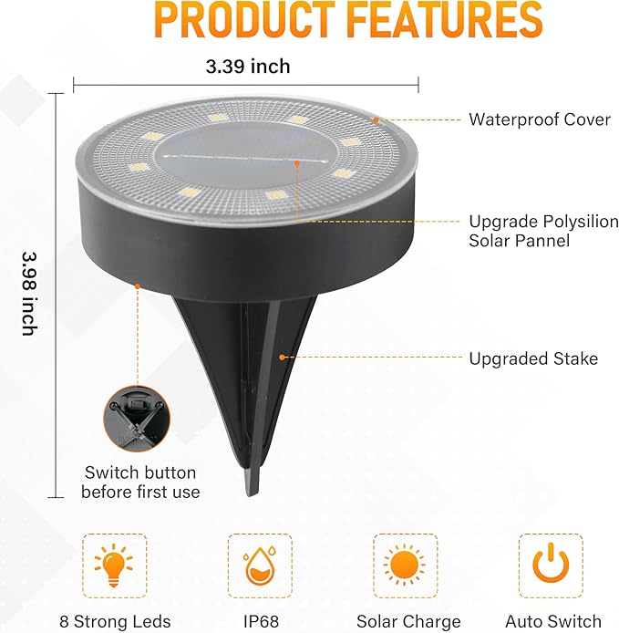 Siatom Solar Ground Lights 12 Pack, IP68 Waterproof Solar In-Ground Light for Outdoor, Flat Landscape Lighting, Garden Disc Light for Pathway, Walkway, and Yard - 12 Pcs (Warm White)