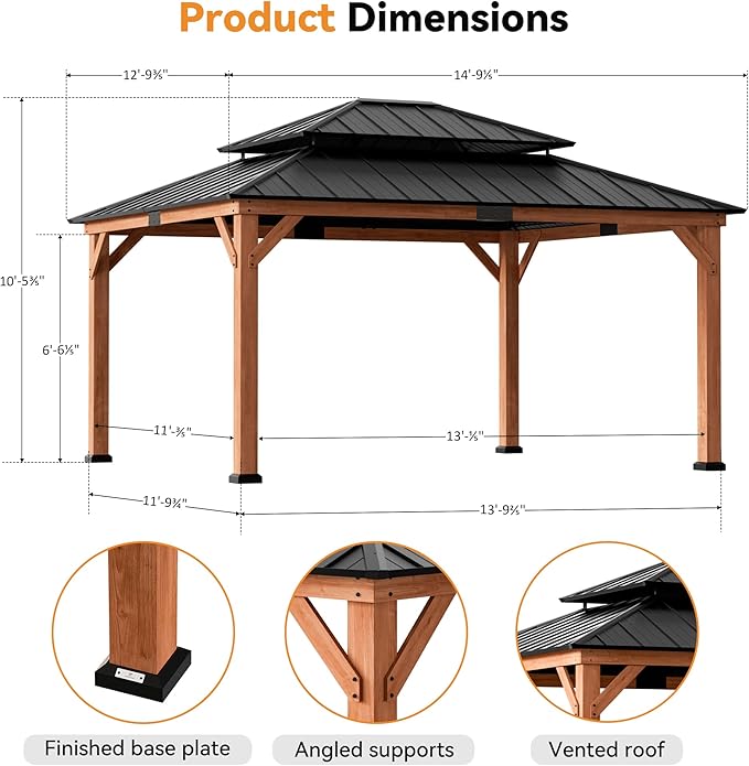 Modern Shade Rosewood Wood Gazebo 13' x 15', Hardtop Gazebo Permanent with Double Galvanized Steel Roof, Cedar Outdoor Gazebo with Sturdy Hooks for Garden, Backyard, Patio, and Deck