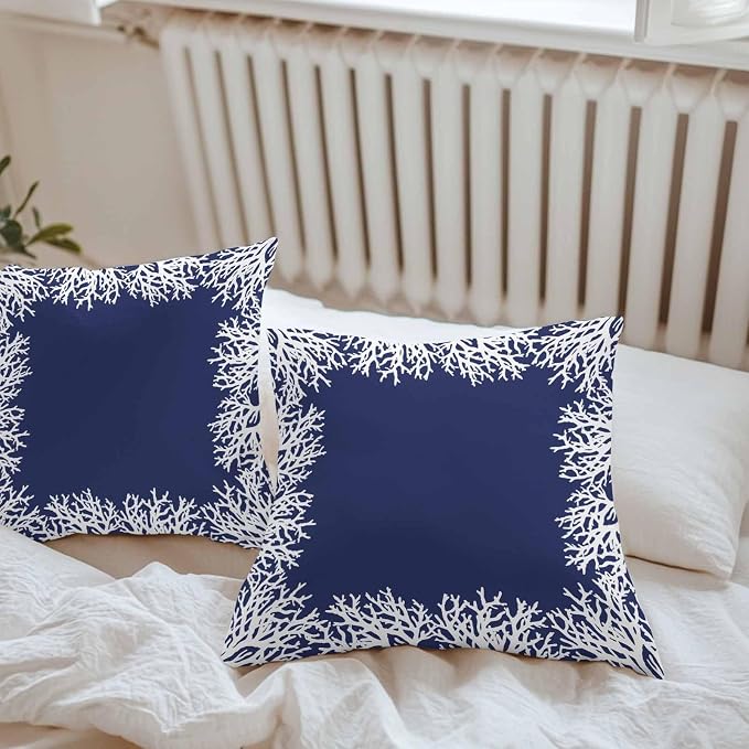 Vandarllin Outdoor Throw Pillows Covers 24x24 inch Set of 2 Waterproof Navy Blue Coral Decorative Zippered Cushion Covers for Patio Furniture, Coastal Marine Life Lumbar Pillowcases