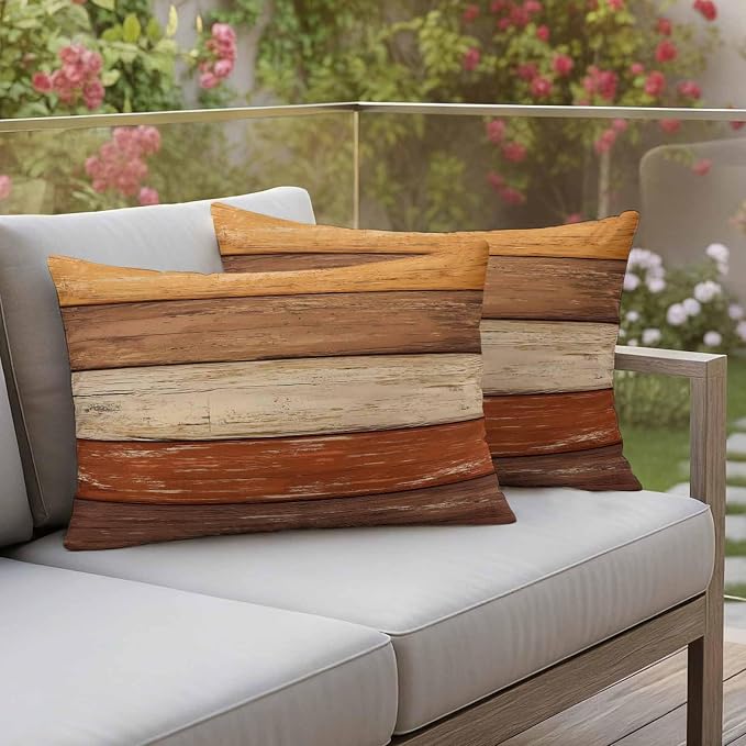 Farmhouse Burnt Orange Brown Outdoor Waterproof Pillow Covers, Vintage Wooden Striped Decorative Rectangle Throw Pillowcase Sofa Cushion Sham for Patio/Couch/Chair, 20"x12" 2 Pack