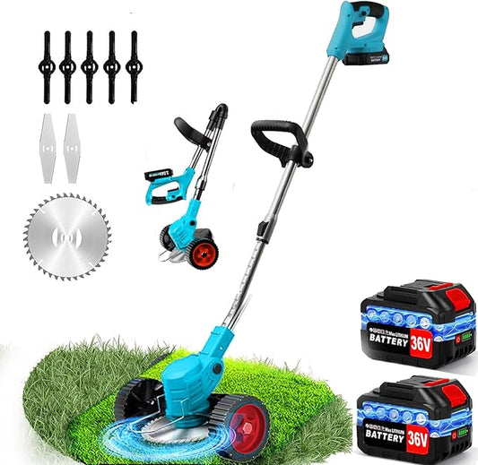36V Electric Weed Wacker Cordless String Trimmer Battery Powered/w 2X 6.0Ah Battery and 2.0Amp Charger, Height Adjustable Wheeled，3-in-1 Grass Trimmer/Brush Cutter/Hedge Trimmer/Weed Eater