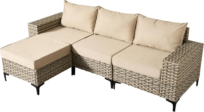 Patio Furniture Set, 4 Pieces Outdoor Wicker Conversation Sets with Coffee Table Outdoor Sectional Sofa for Balcony Backyard Poolside Garden Lawn (Beige)
