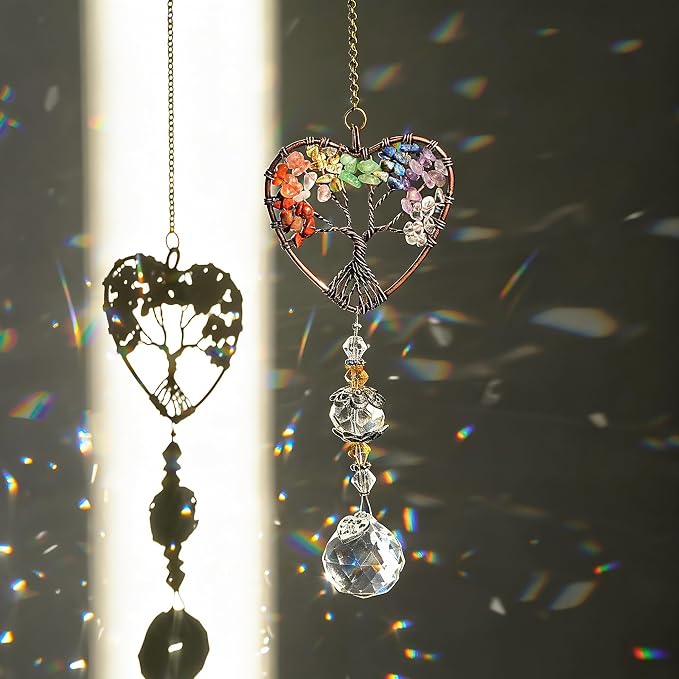 Tree of Life Heart Crystal Ball Prism Suncatcher Pendant Decor | Tree of Life Heart Shaped Crystal Ball Prism Pendant Suncatcher Window Hanging Ornament for Home Garden Office Wedding Decor