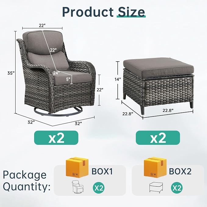 Outdoor Swivel Rocker Patio Chairs with 2 Ottomans - 5" Thick Cushion 4 Piece Furniture Set All Weather Comfortable Wicker Conversation Set for Porch Poolside and Deck - Gray/Gray