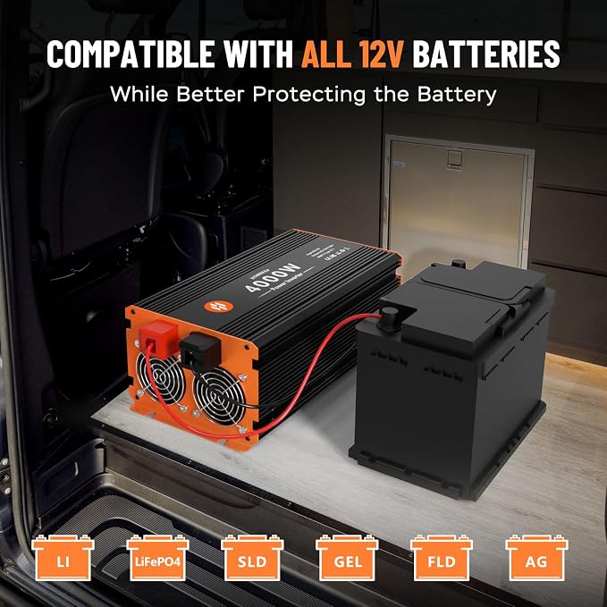 4000 Watt Power Inverter 12V DC to 110V/120V AC Converter Peak Power 8000W Car Inverter with LCD Display 4 AC Outlets, 2 USB & Type-C Port for RV,Truck,Off-Grid Solar System with Remote Controller