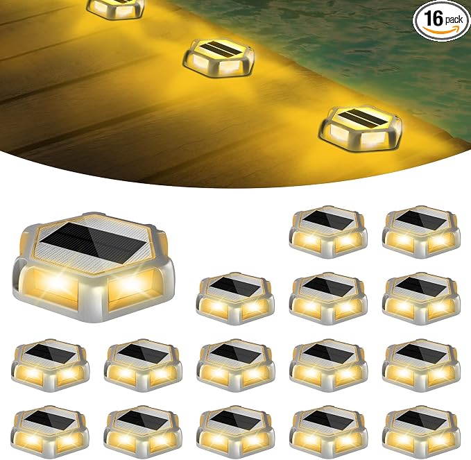 Solar Dock Lights Driveway Deck Lights - 16 Packs Waterproof Outdoor LED Aluminum Dock Lighting Warning Step Light for Driveway Sidewalk Garden Pathway Yard (Warm White,Gray Shell)