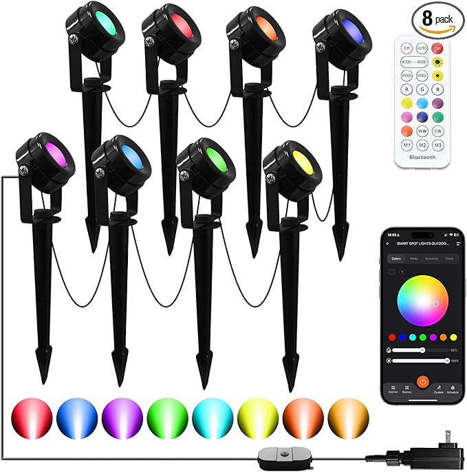 VTimes 8pcs Outdoor Lights, IP65 Waterproof Landscape Lighting, Low Voltage Landscape Lighting with 16 Scene Modes, APP & Remote Control, Color Changing Outdoor SpotLights for Garden,Lawn,Holiday