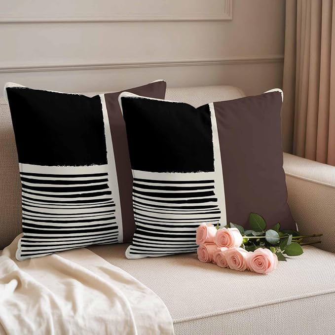 Throw Pillow Covers 18x18 Inch Set of 2, Brown Black Waterproof Outdoor Pillow Covers, Modern Abstract Art Farmhouse Striped Decorative Cushion Pillowcases for Couch, Sofa, Bed, Garden, Patio