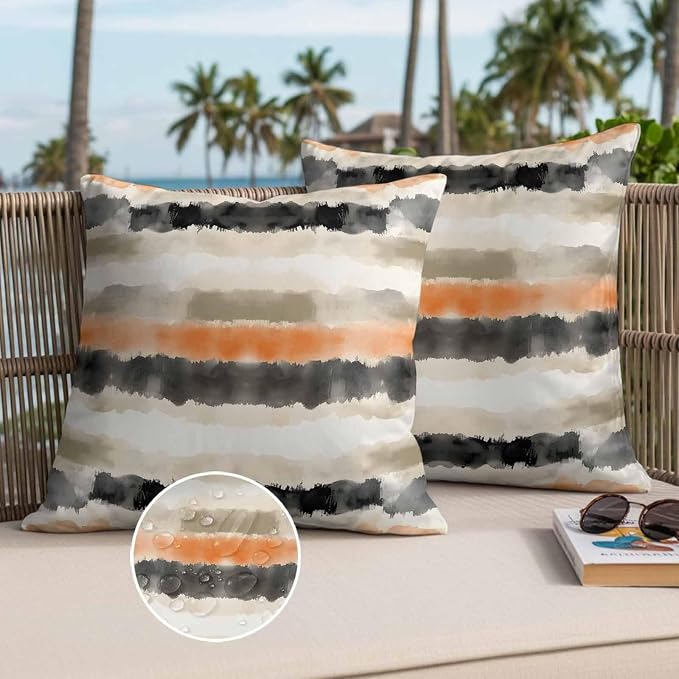 Black Gray Orange Stripes Outdoor Waterproof Throw Pillow Covers Set of 2, 20"x20", Modern Art Decorative Pillow Covers Outside Cushion Case for Patio Porch Garden