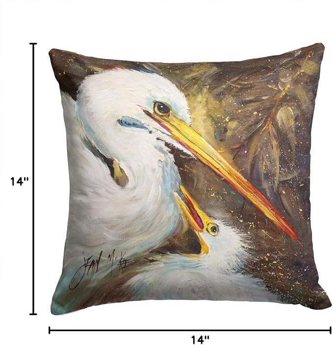 Caroline's Treasures JMK1211PW1414 White Egret Feeding Baby Fabric Decorative Pillow Machine Washable, Indoor Outdoor Decorative Pillow for Couch, Bed or Patio, 14Hx14W