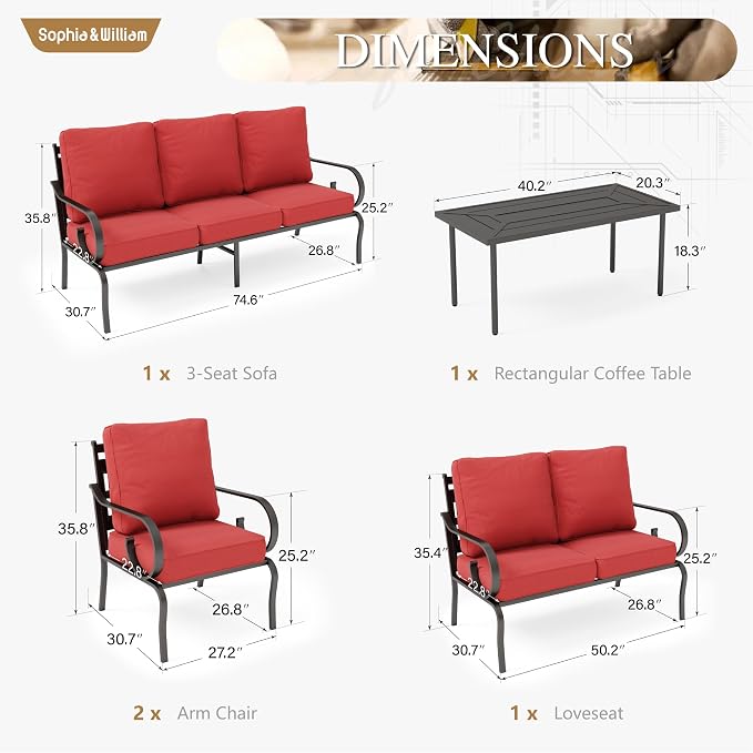 Sophia & William Patio Conversation Set for 7, a Loveseat, 3-Seater Sofa, 2 Fixed Chairs and a Coffee Table, Metal Outdoor Furniture with 5.75" Extra Thick Cushions, Red