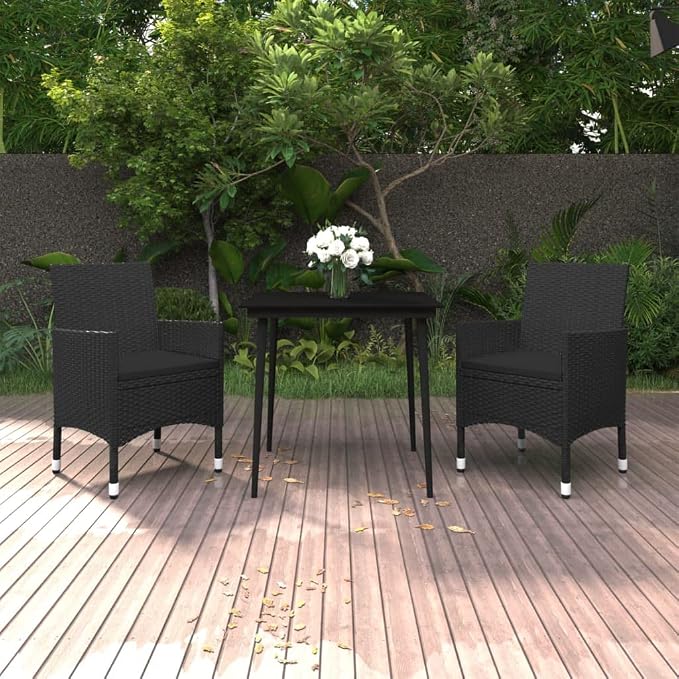 3 Piece Patio Dining Set, Outdoor Bistro Table and 2 Rattan Wicker Chairs with Cushions for Garden, Balcony, Porch, Black