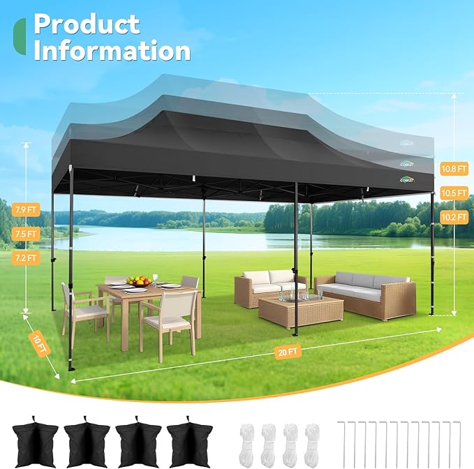 COBIZI 10x20 Pop up Canopy Tent Heavy Duty with 6 Sidewalls, Easy Set-up Commercial Outdoor Party Tents, 100% Waterproof Wedding Gazebo, 3 Height Adjustable with Wheeled Bag, Jet Black