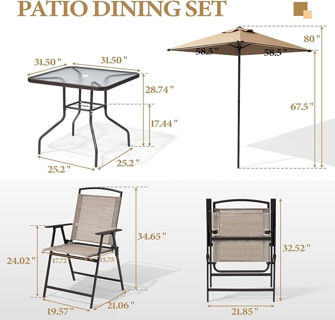 Crestlive Products 6 PCS Patio Dinning Set, 4 Folding Chairs, Square Tempered Glass Table and Umbrella Set, Outdoor All Weather Furniture for Lawn, Deck, Backyard, Garden (Khaki Chairs & Umbrella)