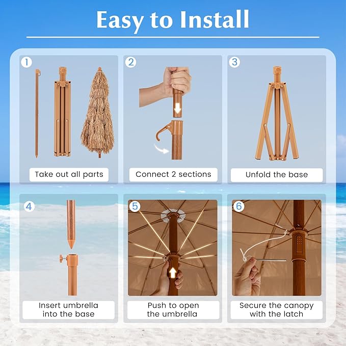 RELAX4LIFE 6.5FT Tiki Patio Umbrella with Base - Hawaiian Style Tilt Beach Umbrella w/8 Ribs, Foldable Stand, Carry Bag, Tropical Palapa Grass Pool Umbrellas, Hula Thatched Tiki Umbrella Outdoor Patio