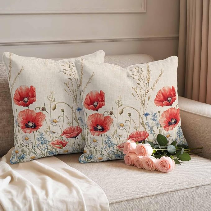 Red Poppy Flower Waterproof Outdoor Pillow Covers Set of 2 Home Decor, Patriotic Botanical Summer Floral Pillowcase Patio Pillow Covers for Couch Bench Furniture Garden 18x18in