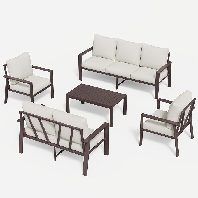 5-Piece Aluminum Patio Conversation Sets All-Weather Outdoor Furniture Sectional Sofa Modular Patio Set with 4'' Cushion Removable Covers for Porch Poolside Deck Balcony Yard