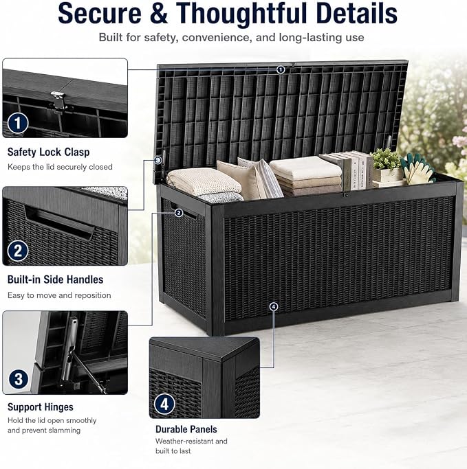 Outdoor Deck Patio Storage Box - 325 Gallon Extra Large Resin Wicker Yard Storage Bin with Lid for Furniture Cushions, Pool Floats, Garden Tools & Outside Toy Storage, Black