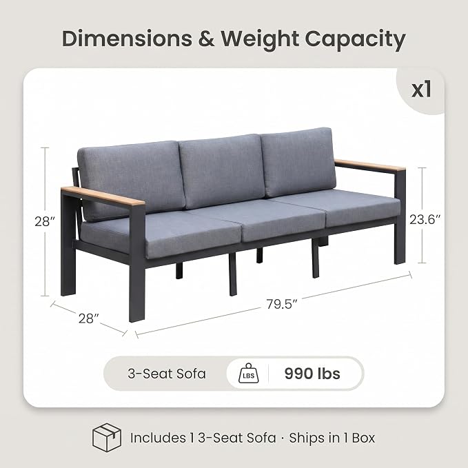 Outdoor Patio Sofa, 3-Seat Aluminum Outdoor Couch with 5-Inch Water-Resistant Cushions, Powder-Coated Frame for Porch, Deck, Backyard, Garden, Poolside, Gray