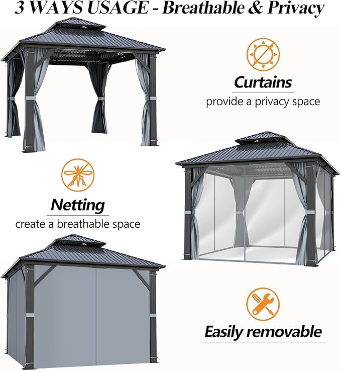GARTOO 9.5x9.5FT Outdoor Hardtop Gazebo with Double Roof - Aluminum Heavy-Duty Steel Top Gazebo with Breathable Netting & Privacy Curtain for Patio, Porch, Garden, Lawn, Deck, Backyard
