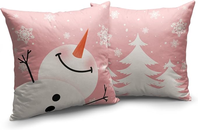 Set of 2 Snowman Throw Pillow Covers 24x24 Pink Christmas Pillowcase White Xmas Tree Pillow Covers Cotton Linen Cushion Case for Holiday Decorations Living Room Couch Sofa
