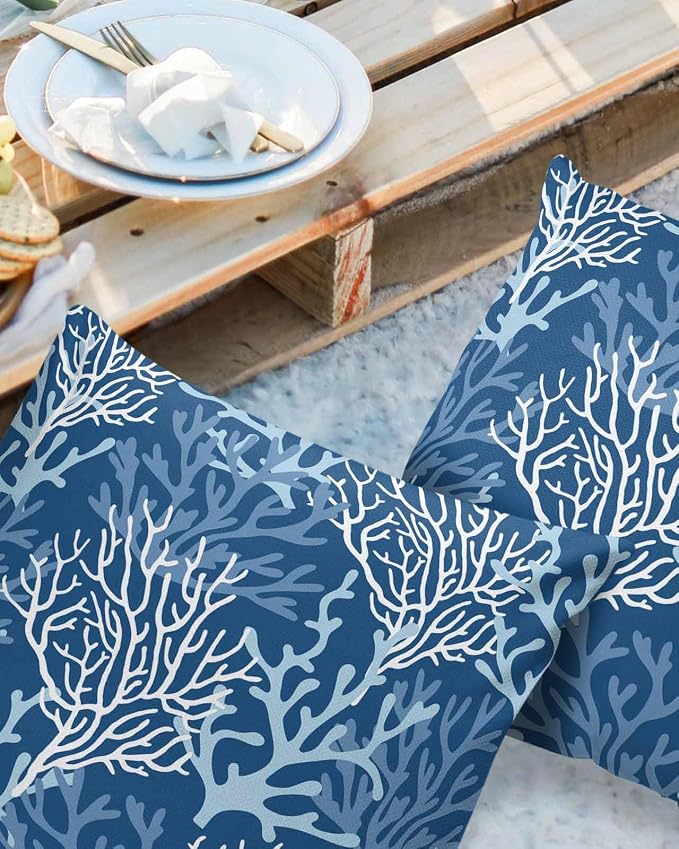 Pack of 2 Outdoor Pillow Covers 18x18 Waterproof Navy Blue Coral Throw Pillow Covers, Decorative Pillowcases Summer Coastal Beach Ocean Cushion Covers for Patio Garden Couch Pillow Case