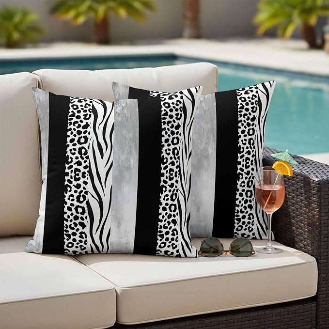 Outdoor Waterproof Pillow Covers for Patio Black Grey Leopard Zebra Stripes Decorative Throw Pillow Cover Abstract Texture Collage Pillowcases Set of 2 Cushion Case for Sofa Couch Chair 18x18 Inch