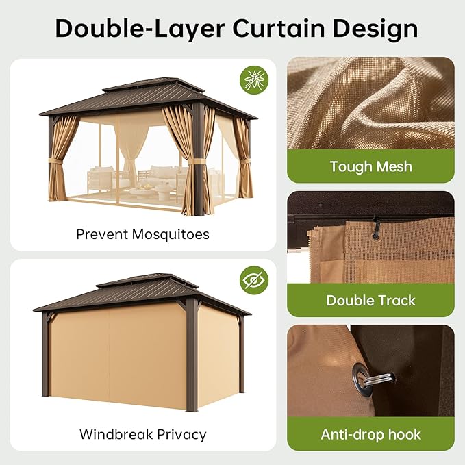 12x14FT Hardtop Gazebo, Metal Frame with Double Galvanized Steel Roof, Permanent Outdoor Pergola with Curtains and Netting Included for Backyard, Patio, Lawn and Garden, Brown
