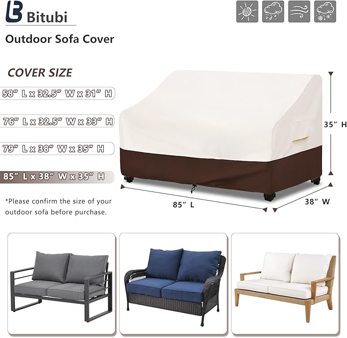 Bitubi Waterproof Patio Sofa Cover, Heavy Duty 3-Seater Outdoor Couch Cover Size Up to 85W x 38D x 35H Inches, Lawn Patio Furniture Covers with Air Vent (Brown)