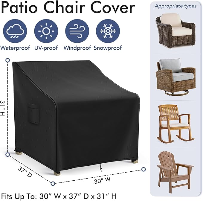 Richwon Patio Furniture Covers Waterproof for Chairs, Lawn Outdoor Chair Covers 2 Pack, Patio Chair Covers for Outdoor Furniture Fits up to 30W x 37D x 31H inches, Black