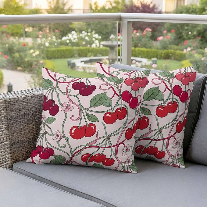 Red Cherry Outdoor Pillow Covers 24"x24" Set of 2, Vintage Red Cherry Pink Floral Vines Pink Waterproof Throw Pillow Covers for Patio Furniture, Decorative Cushion Covers for Porch