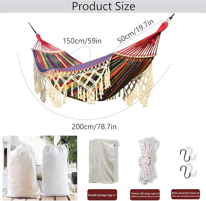 Handmade Cotton Woven Hammock, Portable Boho Canvas Swing with Tassels for Indoor and Outdoor Use, Perfect for Patio, Yard, Garden, and Camping