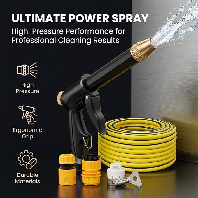 Sakerplus Multifunctional Car Wash Tool, 360° Adjustable Nozzle, High Pressure Water Hose Nozzle withTrigger Lock for Car Washing Patio Irrigation (H2 Long Spray Gun + 3 Connectors + 33FT(10m) Hose)