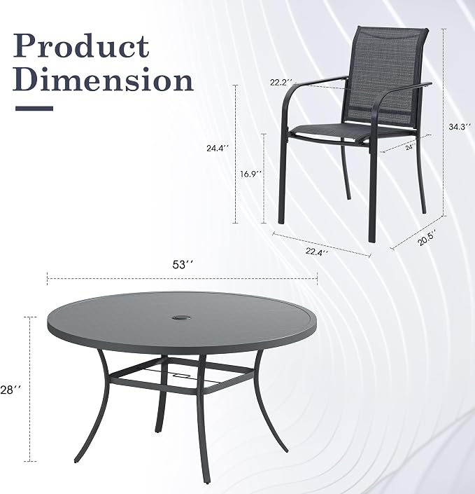 Patio Table and Chairs Set for 8, Outdoor Dining Set with 8 Stackable Dining Chairs and 53" x 53" Metal Slatted Round Dining Table for Porch, Deck, Lawn, Garden, Grey & Dark Grey