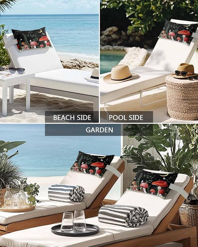 Outdoor Pillows Covers with Inserts Mushroom Plant in Starry Sky Moon Waterproof Recliner Pillow with Adjustable Strap Throw Pillows for Patio Furniture Pool Lounge Chair, 11x16 inch, 1PCS