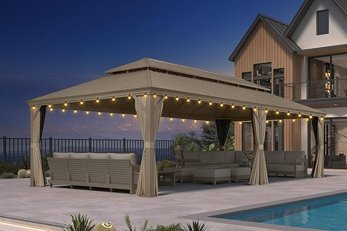 PURPLE LEAF Outdoor Gazebo 14'X28'，Champagne Hardtop Gazebo with Galvanized Steel Double Roof, Permanent Patio Gazebo with Curtains and Netting for Patio Lawn Garden and Deck