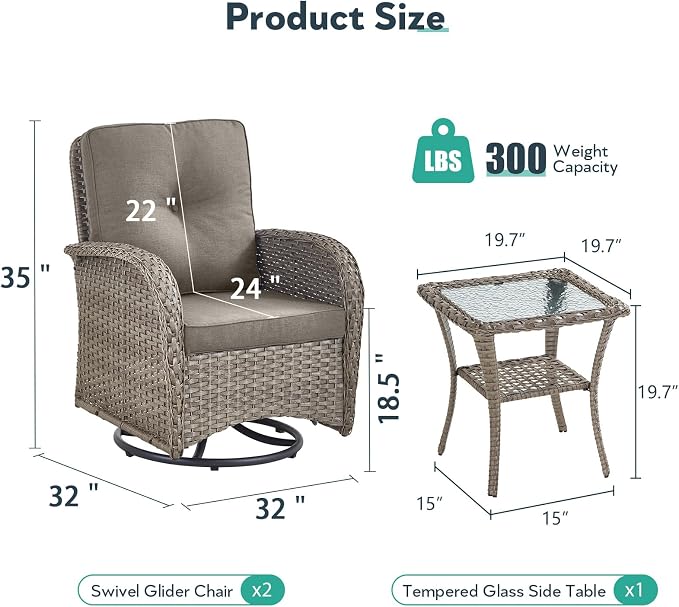 Outdoor Swivel Glider Rocker Chairs - 3 Piece Wicker Patio Furniture Set, All Weather Patio Bistro Sets with Glass Side Table for Balcony Porch Deck Backyard - Grey Wicker Grey Cushion