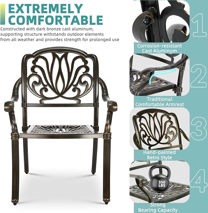 MEETWARM 9-Piece Outdoor Furniture Dining Set, All Weather Cast Aluminum Patio Garden Set- 8 Chairs, 61" Round Patio Dining Table with Detachable Lazy Susan, 2" Umbrella Hole,Dark Bronze
