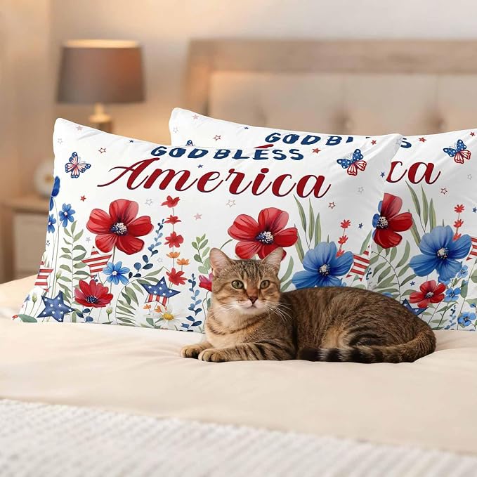God Bless USA Outdoor Waterproof Throw Pillow Covers Set of 2, 20"x12", Red Blue Daisy Butterfly Independence Day Decorative Pillow Covers Outside Cushion Case for Patio Porch Garden